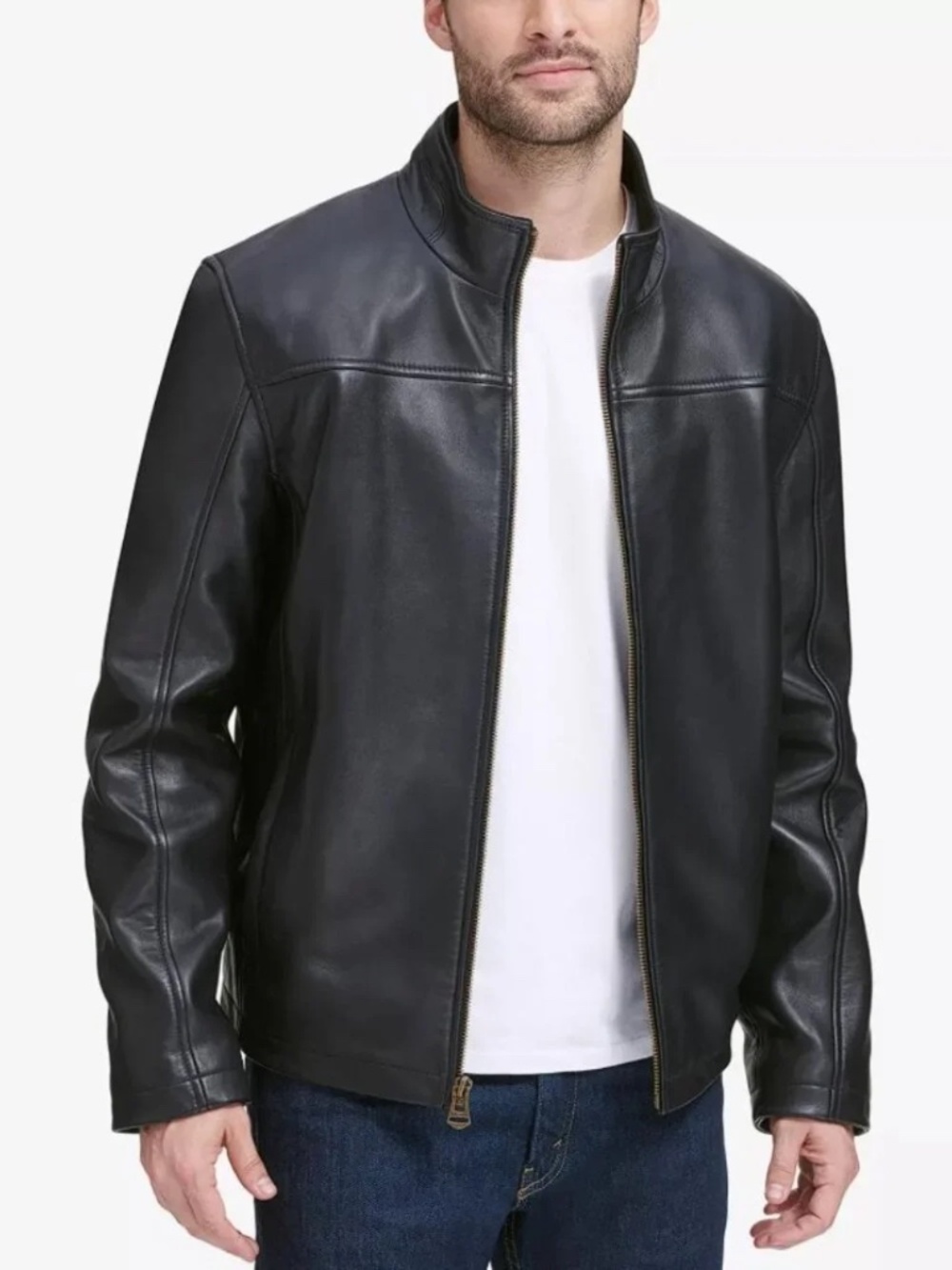 Men's Cole Haan Black Leather Jacket Size Large Genuine Leather Excellent Cond.